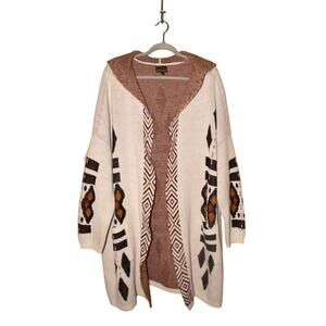 SHYANNE $80 Aztec Print Open Hooded Duster Cardigan Pockets Ivory Black XL